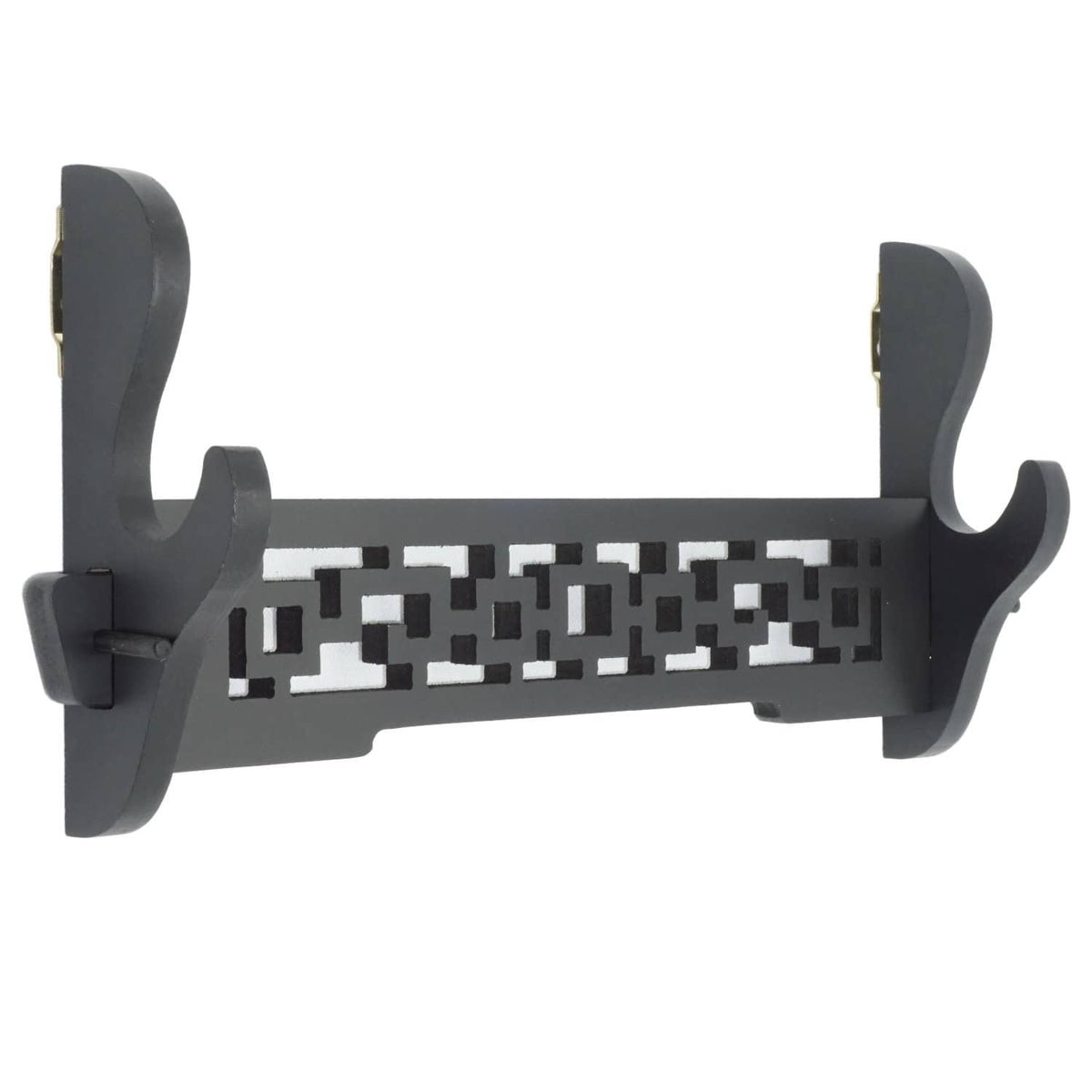 Black wall-mount sword holder with two curved slots and geometric front panel.
