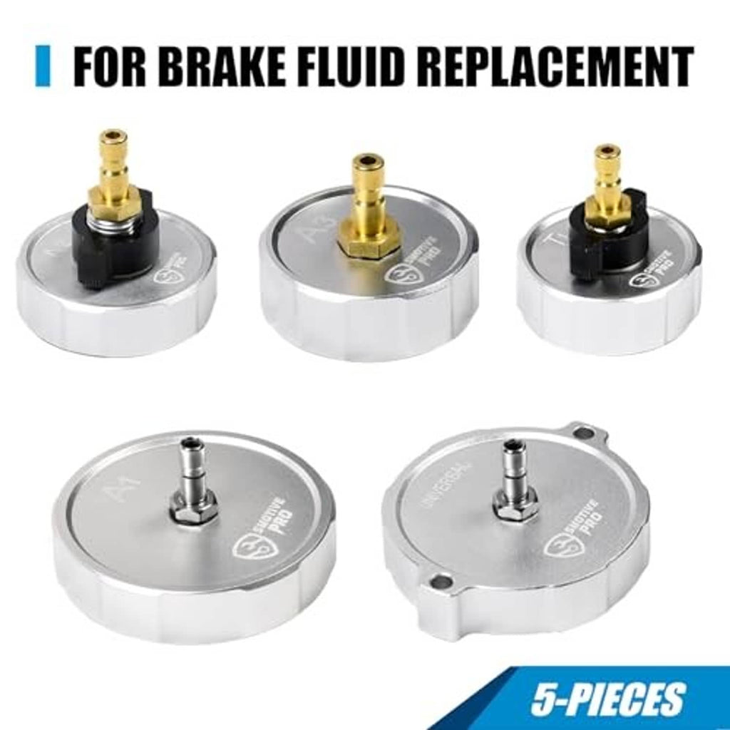 Five silver brake-fluid replacement adapter caps with brass ports on round bases