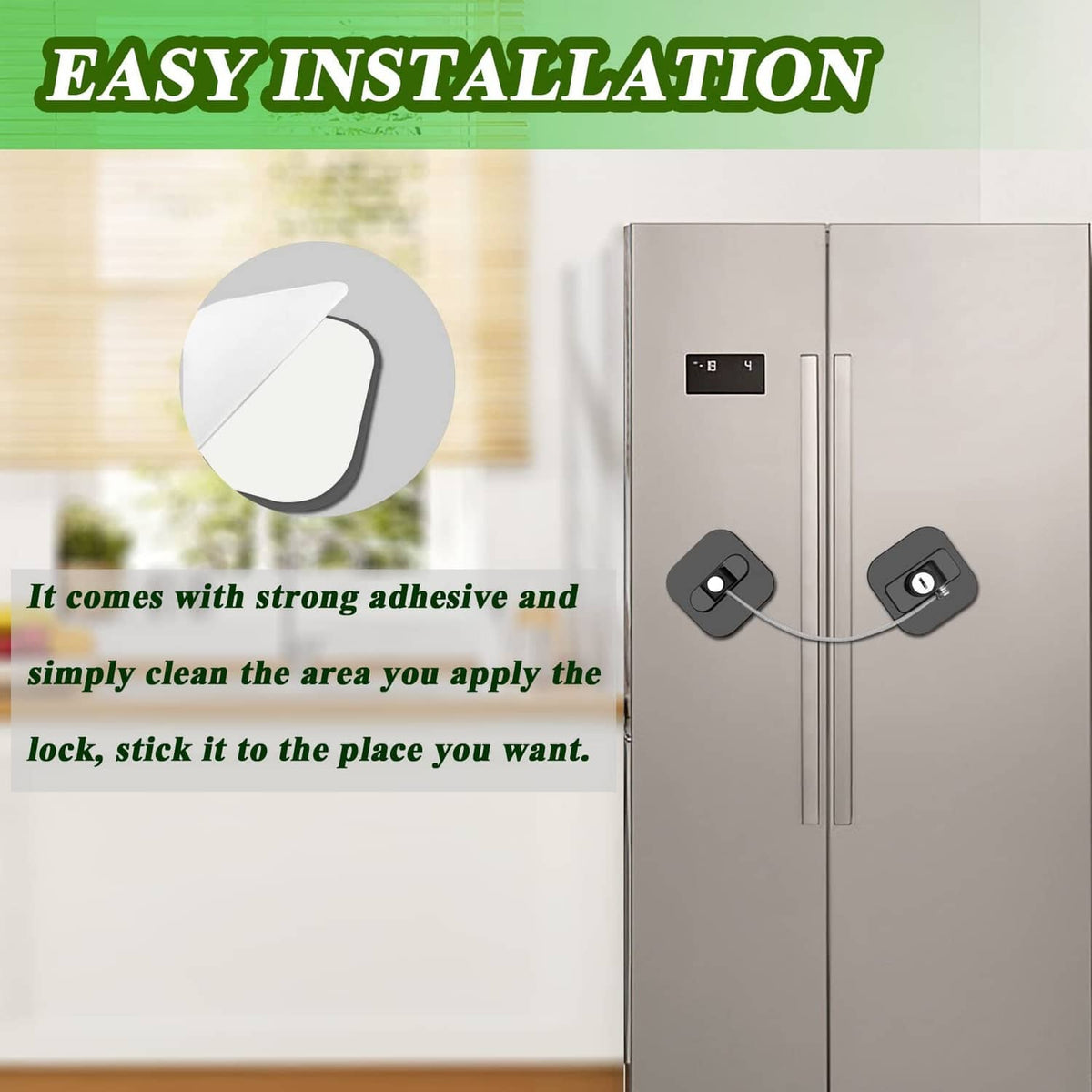 Adhesive-mount refrigerator cable lock set with cord and black lock housings on a door