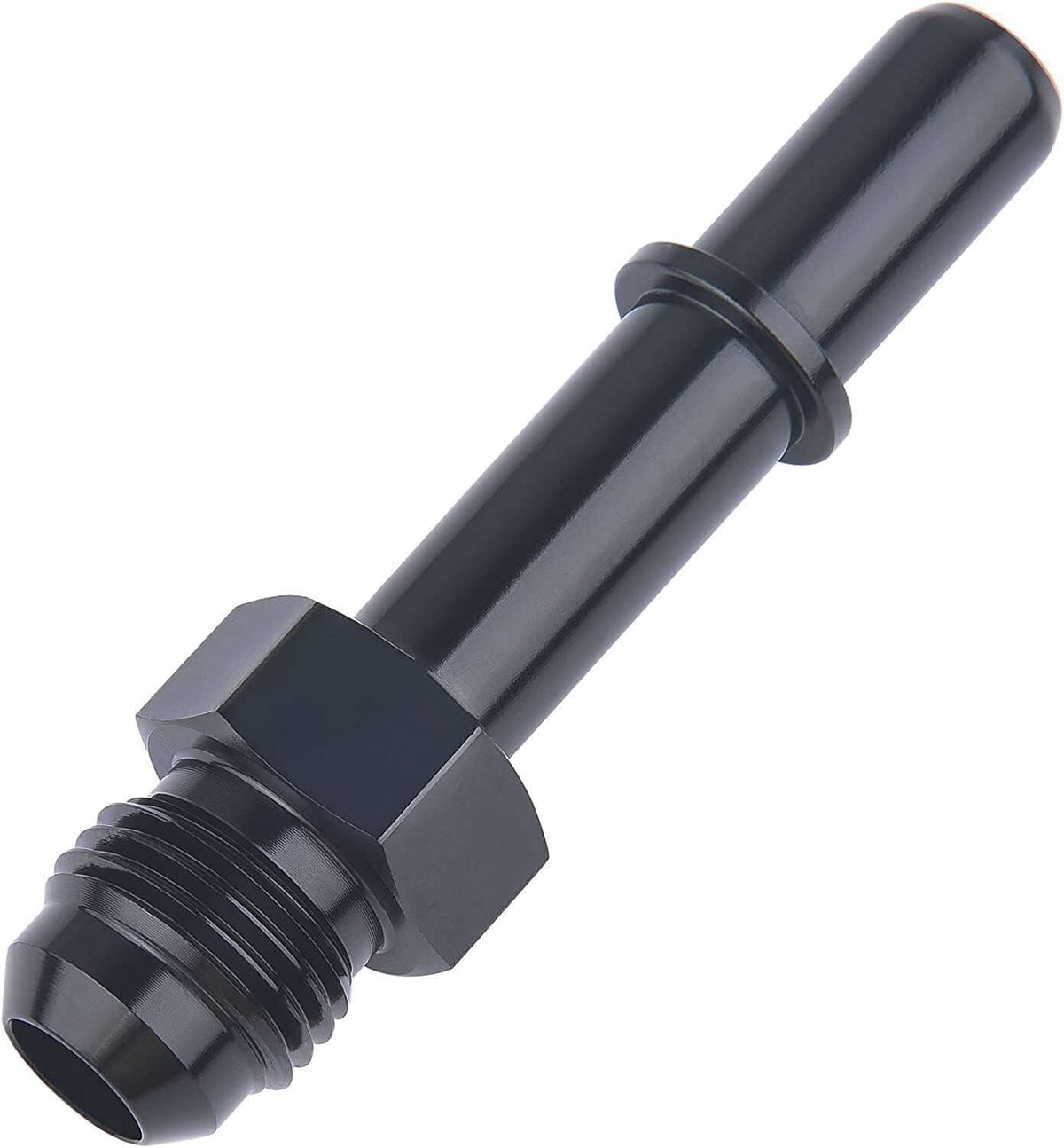 Black male-to-male fuel line adapter with hex fitting and threaded ends