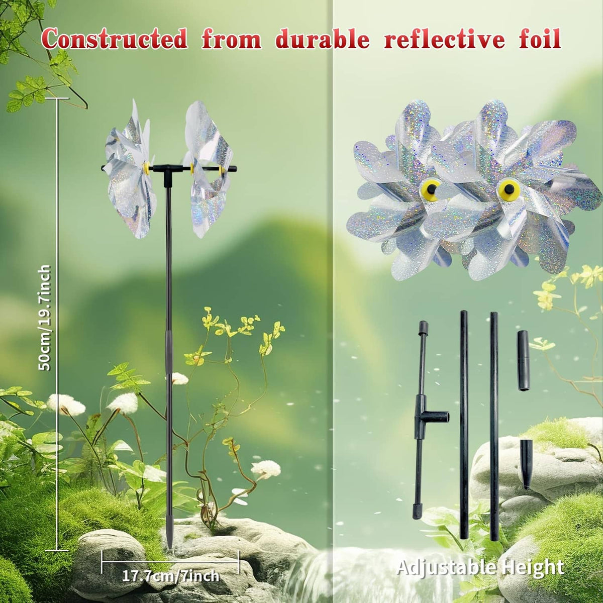 Silver reflective pinwheel garden stakes with blue-silver dual flower blades