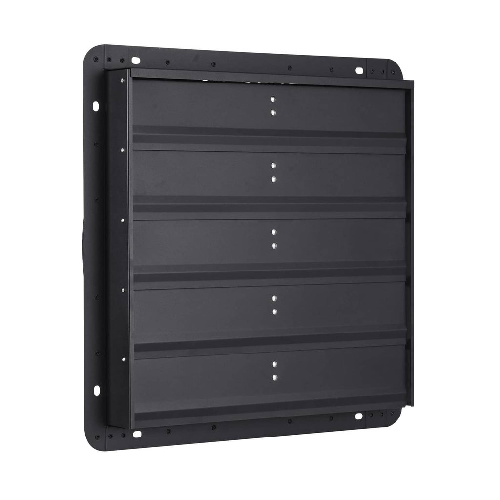 Wall-mounted shutter exhaust fan housing, dark vent frame with mounting holes