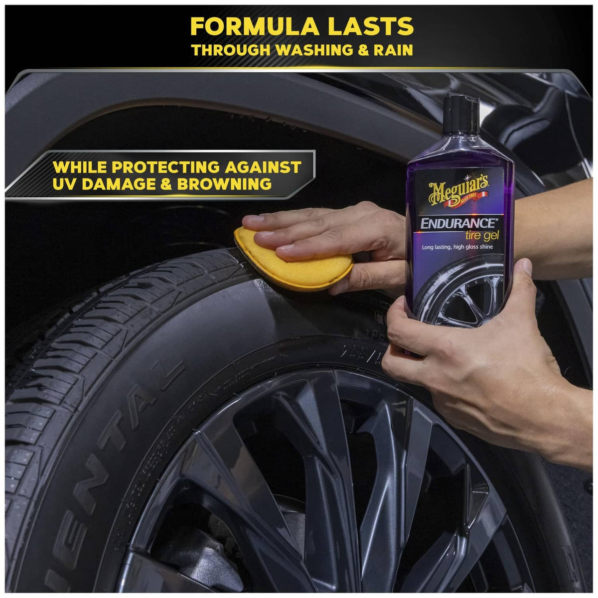 Hand applying tire gel to black tire, holding Meguiar’s Endurance bottle