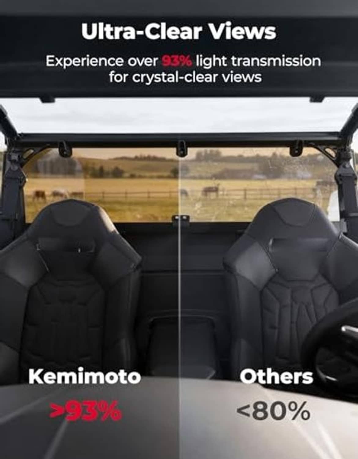 Tinted rear windshield showing clear view through dark glass with black supports