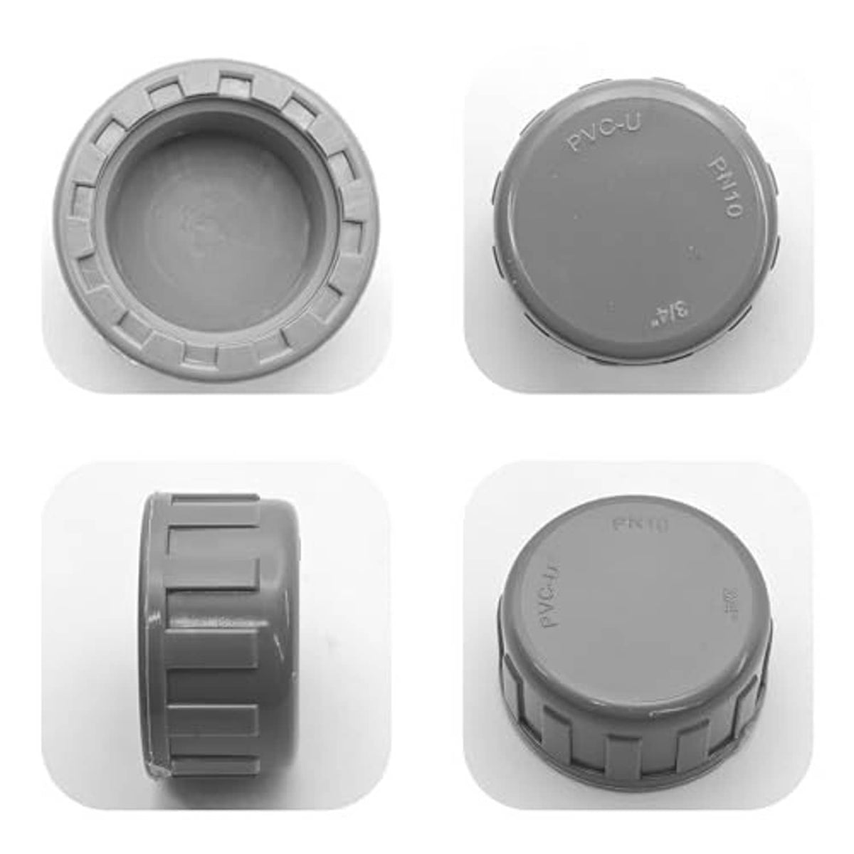 Gray PVC pipe end cap plugs, front view of interior cavity and outer round caps