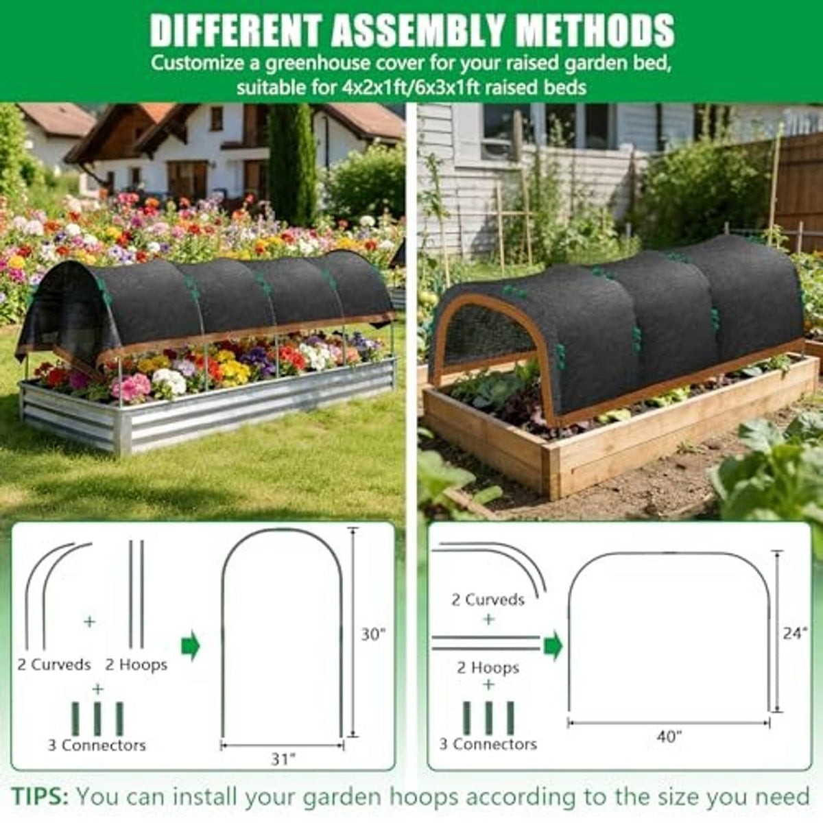 Garden shade kit canopy showing curved tubes and connectors for raised garden beds