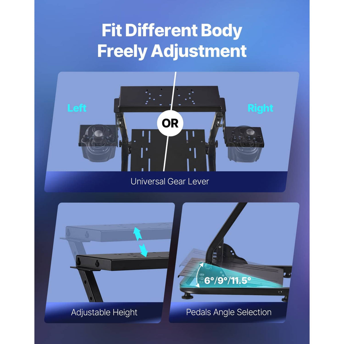 Universal gear lever and adjustable pedal platform on a foldable racing wheel stand