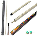 Pool cue stick with light wood shaft and colorful patterned handle, with black case