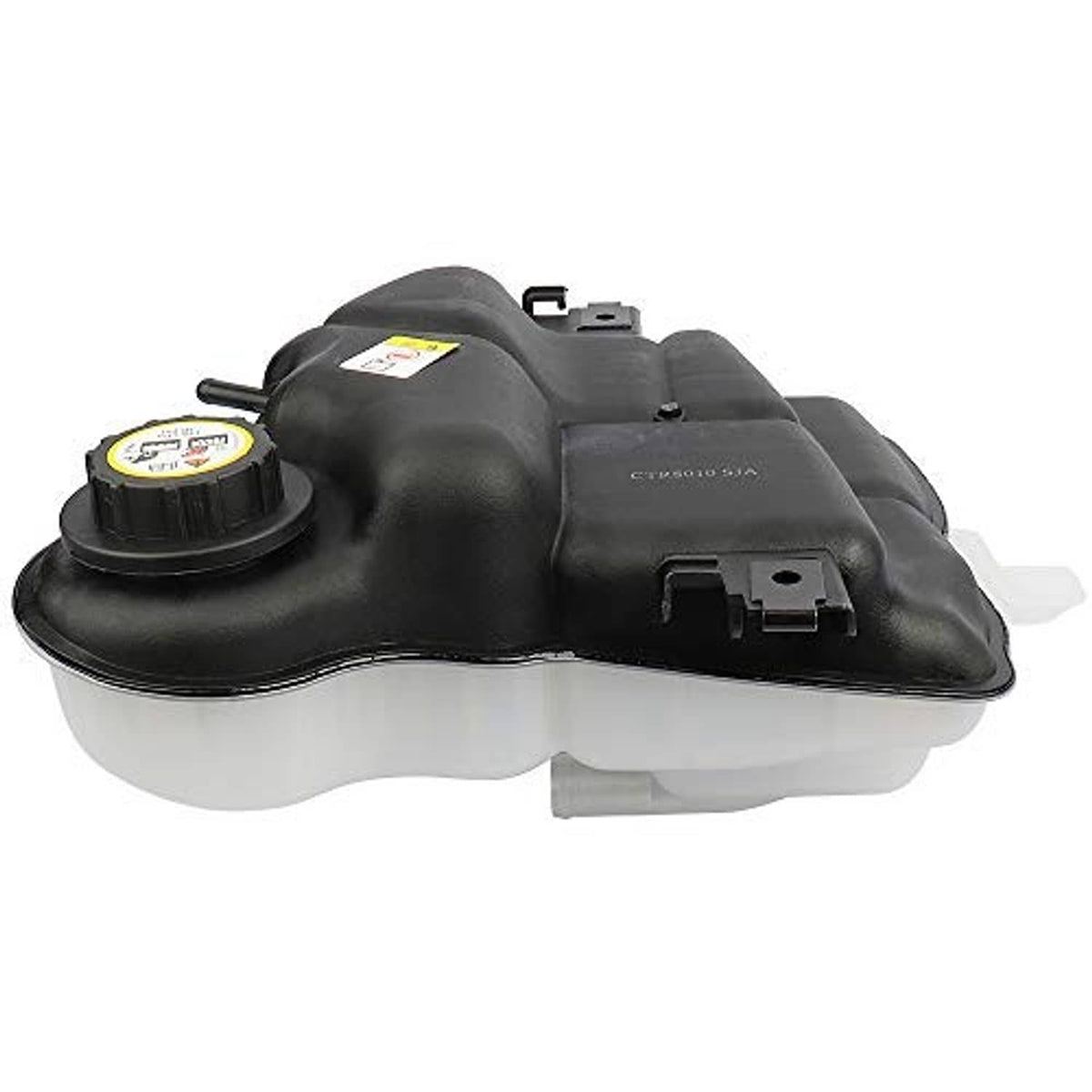 Black coolant overflow reservoir tank with cap and front latch-style bracket