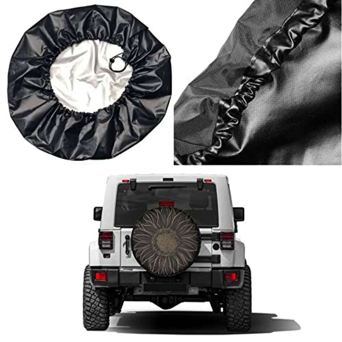 Black spare tire cover with gold floral design; drawstring edge detail