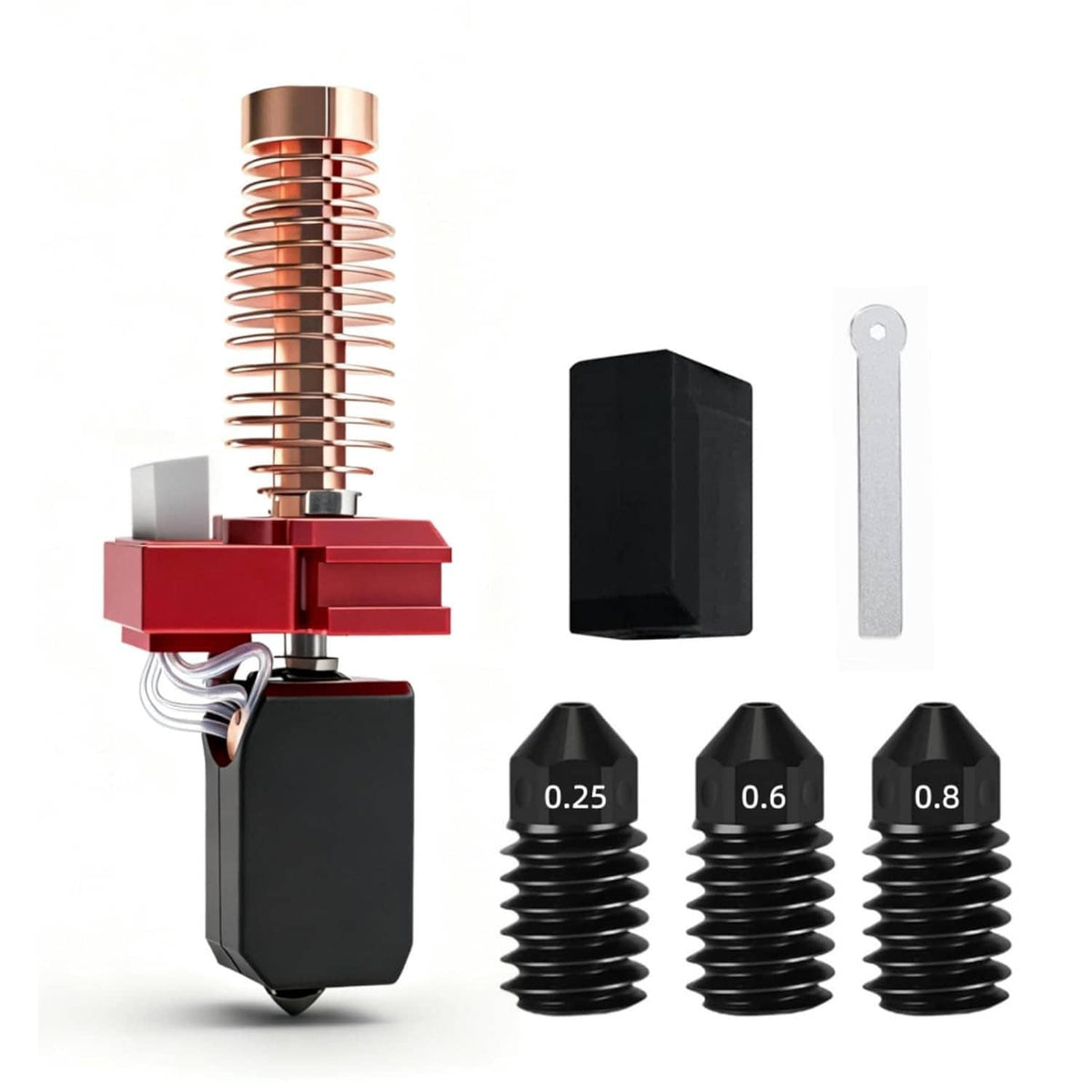 Ceramic nozzle heat sink upgrade kit with red block, copper fins, black housing, nozzle parts