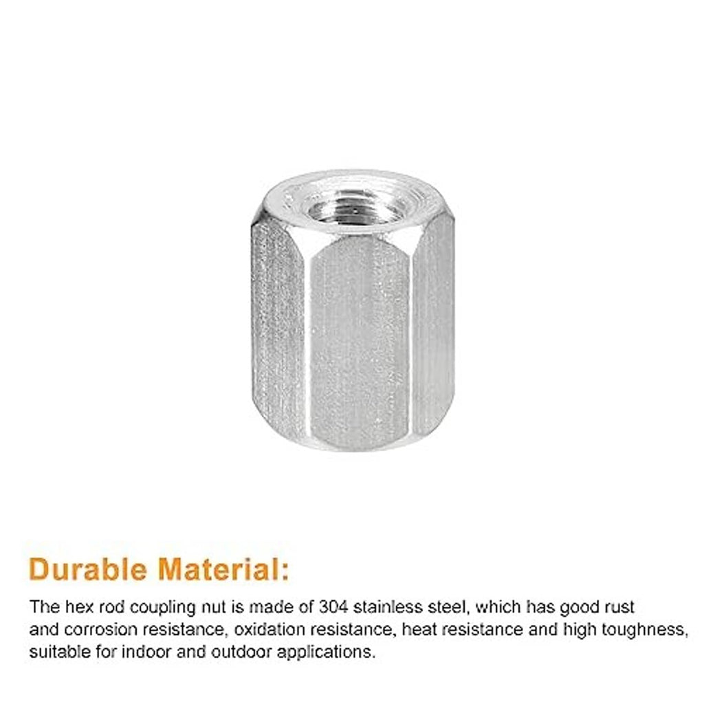 Single stainless steel hex coupling nut with internal threaded bore, shiny silver