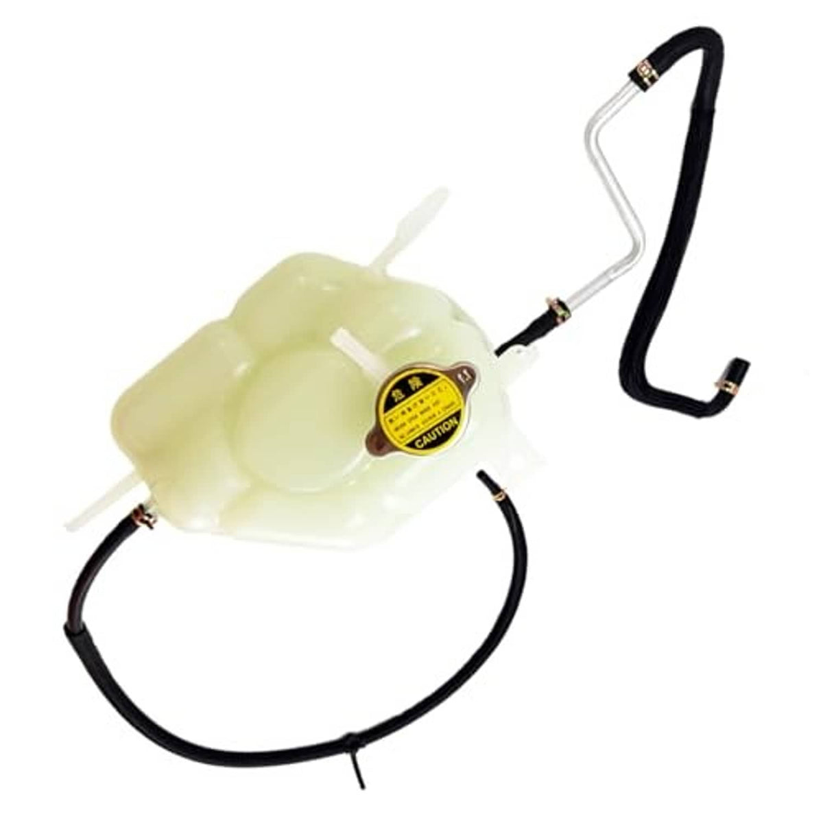 Engine coolant reservoir tank with yellow caution cap and black hoses, pale translucent