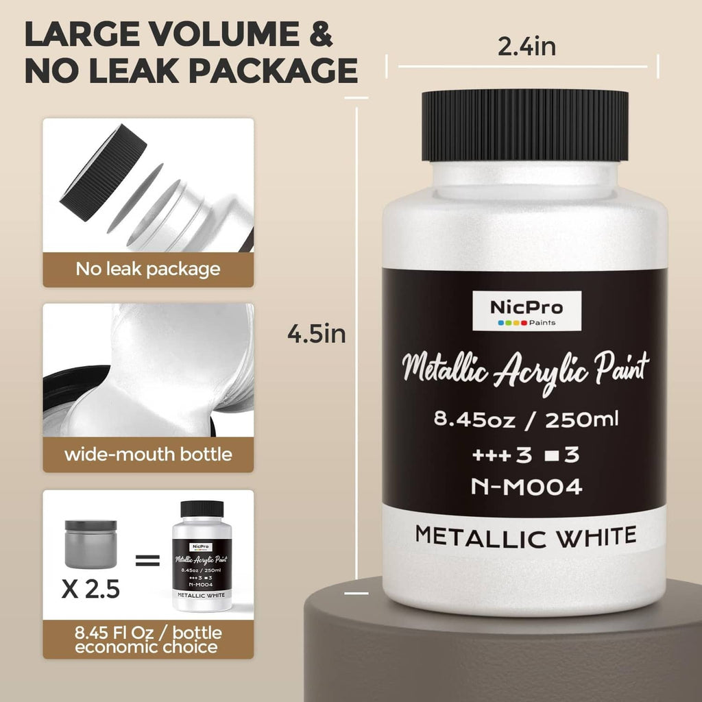 Metallic white acrylic paint bottle with wide-mouth no-leak package design
