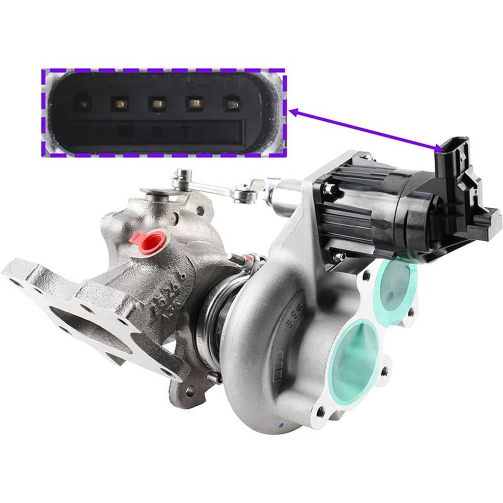 Turbocharger with teal intake opening and black electrical connector