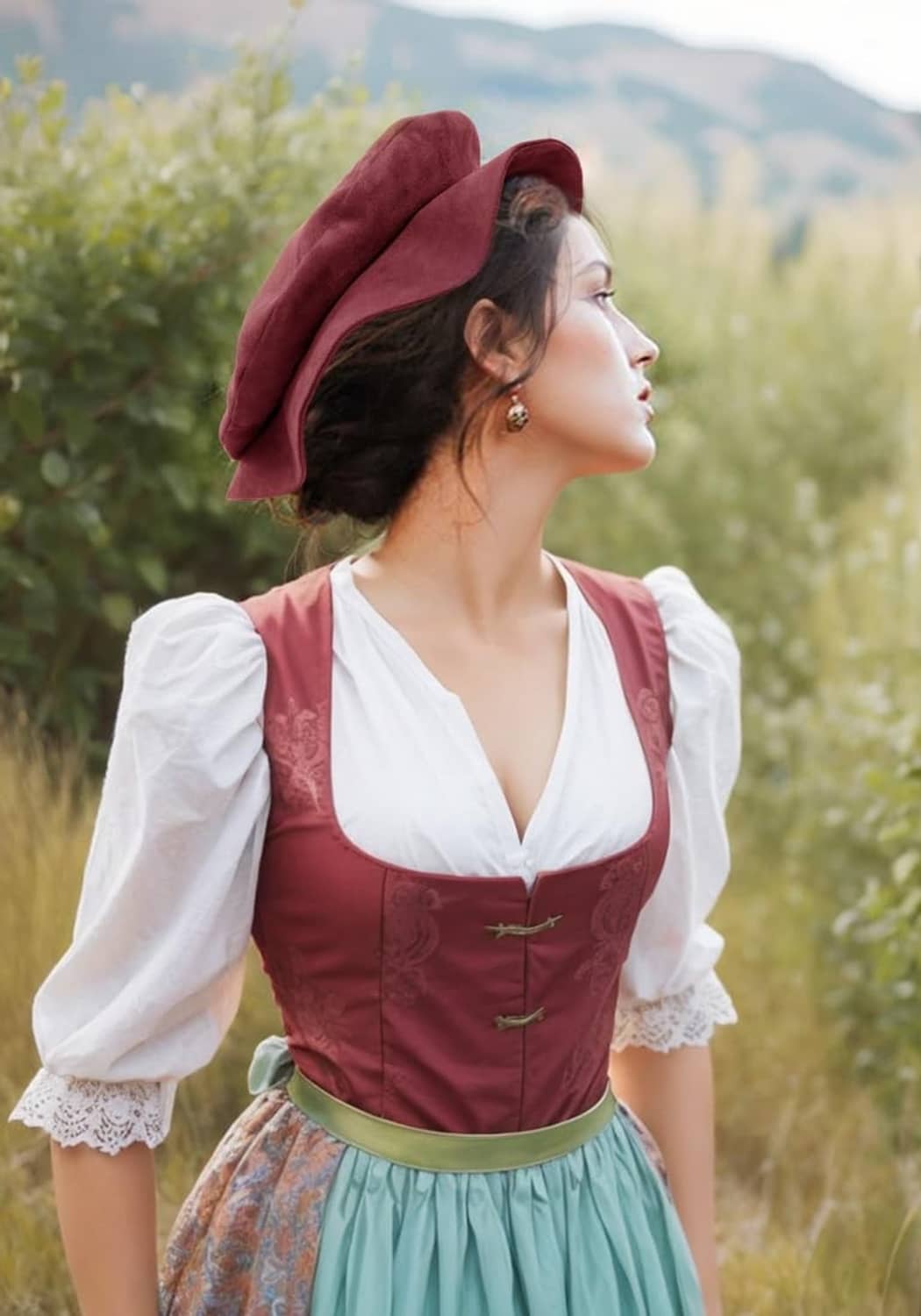 Wine burgundy flat beret hat, worn sideways on a woman
