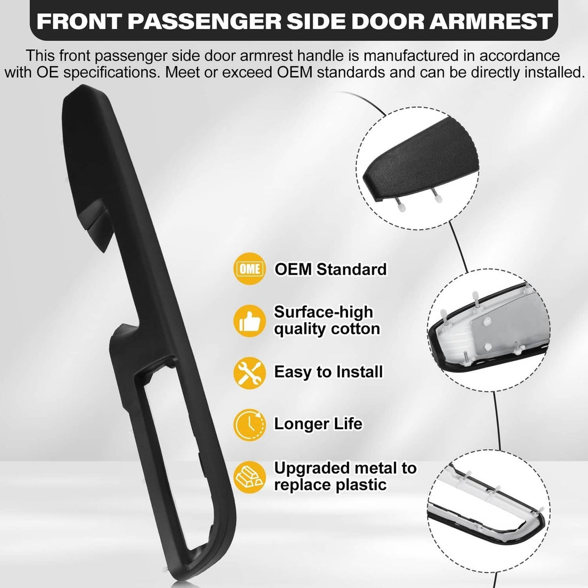 Black front passenger door armrest handle replacement trim with close-up inset