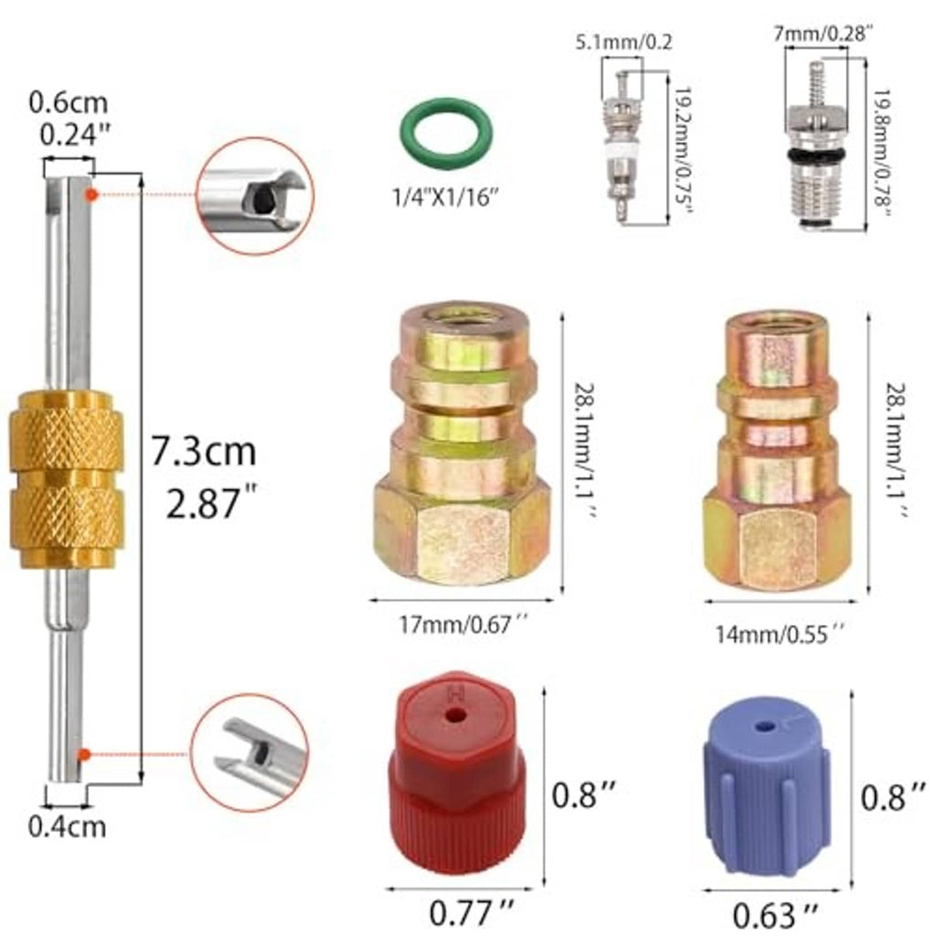 A/C conversion adapter set with gold tool, green o-ring, and red/blue caps (sizes)