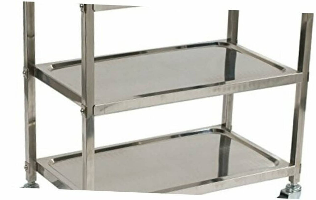 Stainless steel 3-shelf service cart frame with flat shelves and four legs