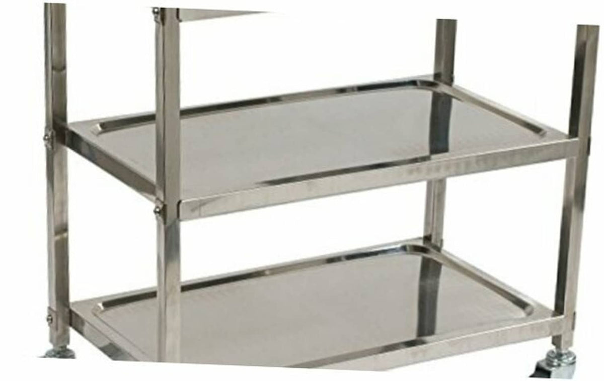 Stainless steel 3-shelf service cart frame with flat shelves and four legs