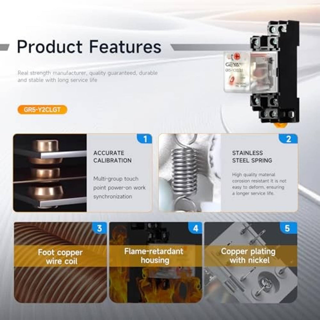 DPDT relay on black housing with feature callouts and visible coil and spring details