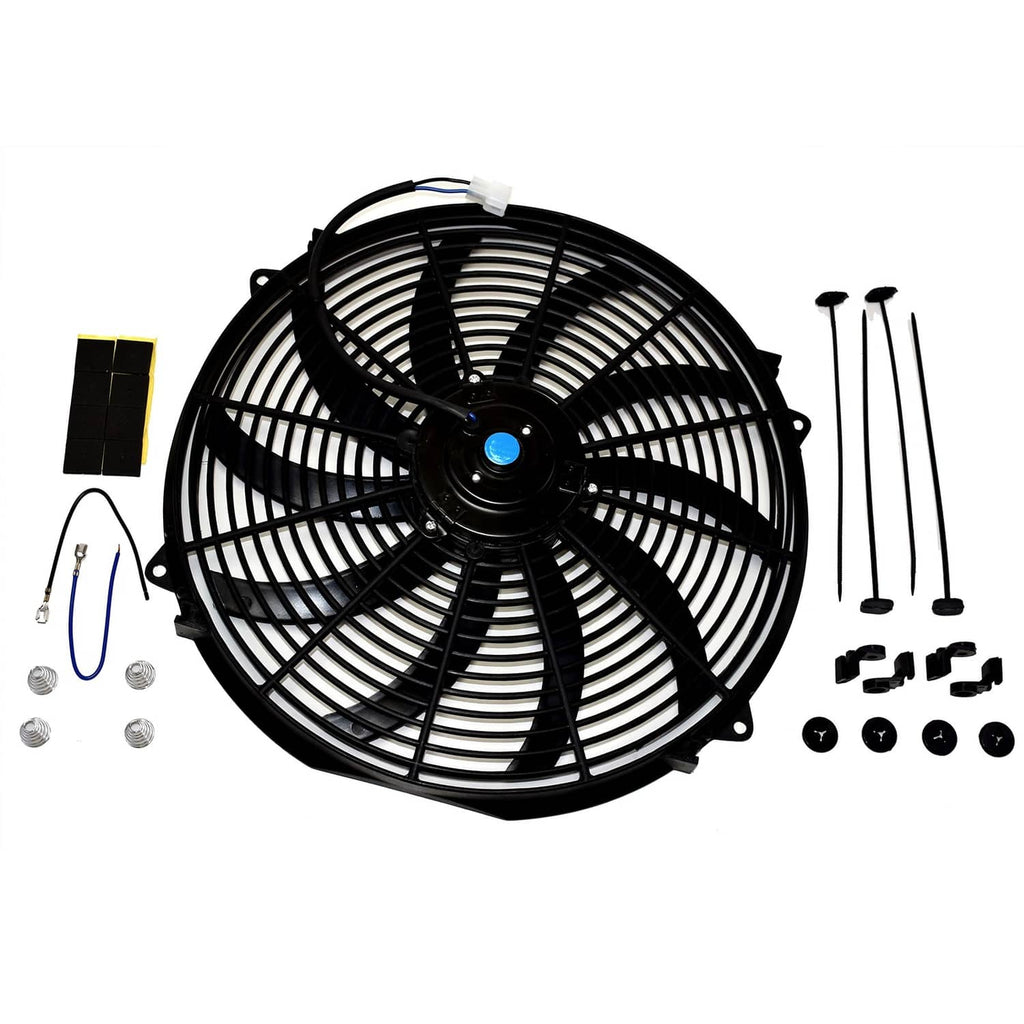 Black 16 in electric radiator cooling fan with wide curved S blades and mounting hardware