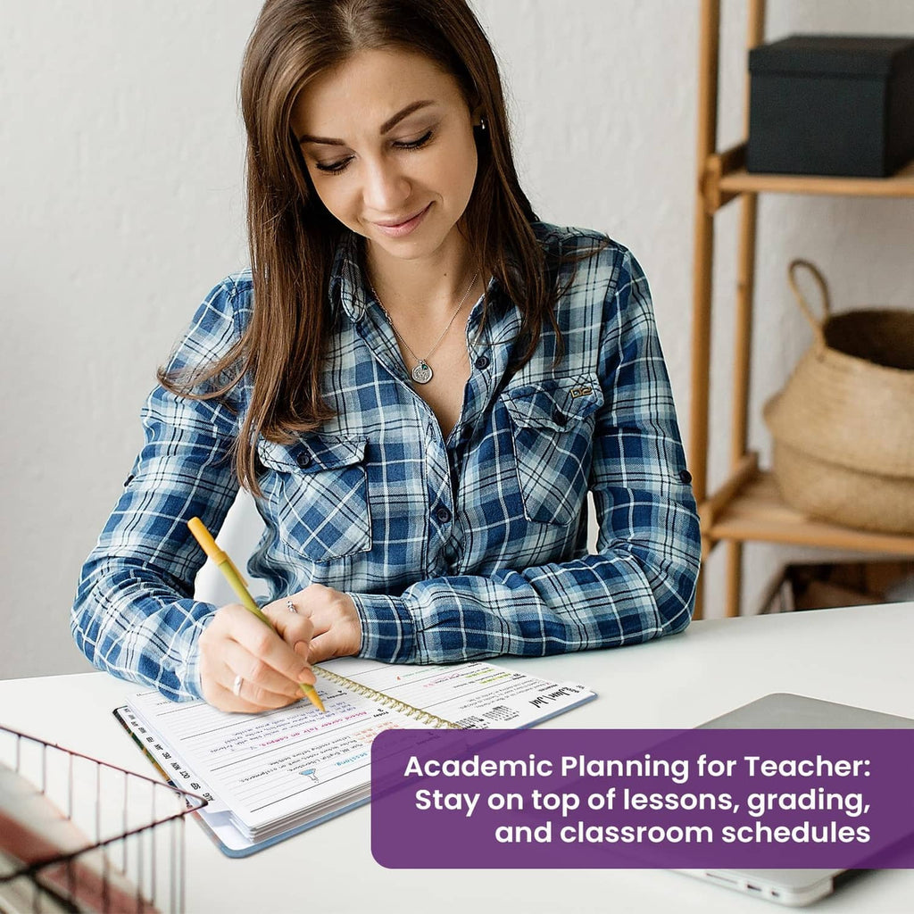 Teacher writing in an academic planner on a table; weekly pages with lines and boxes