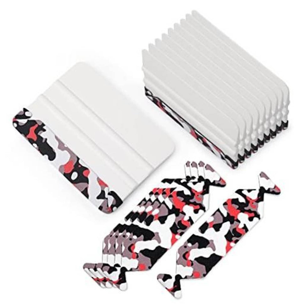 Pack of white plastic squeegees with red/black/gray camouflage felt pads