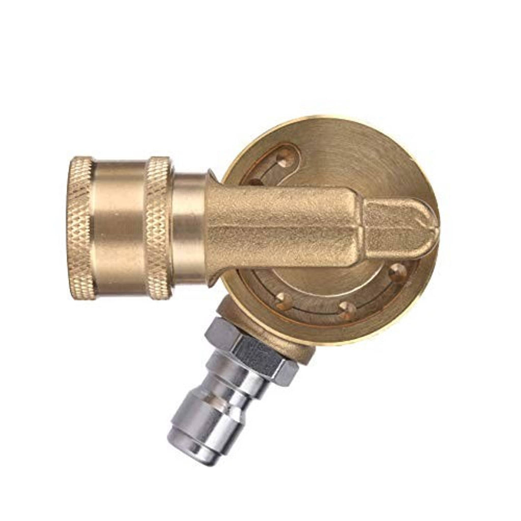 Close-up of brass pivoting coupler with quick-connect outlet for pressure washer
