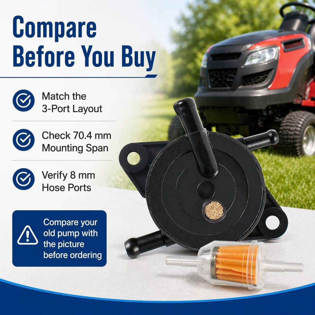 Fuel pump with two hose ports and included inline fuel filter, black mounting plate