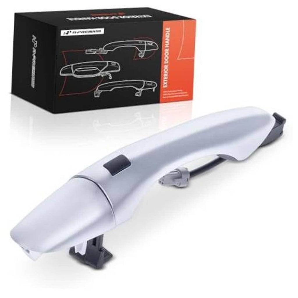 Light gray exterior door handle with black button and mounting clips, front right
