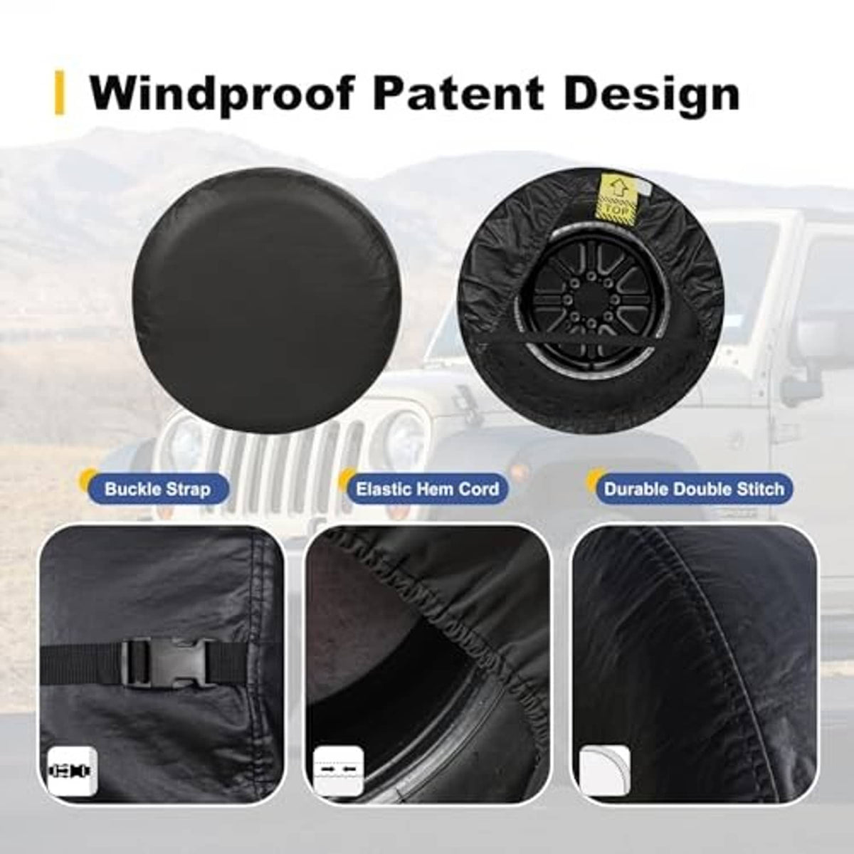 Black spare tire cover with windproof design, buckle strap, and double stitching