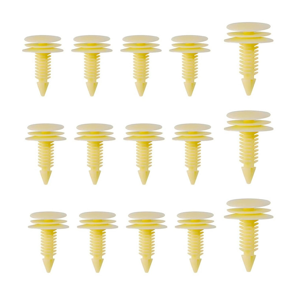 Set of light-yellow plastic trim retainer clips, pointed fasteners with round heads.