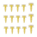 Set of light-yellow plastic trim retainer clips, pointed fasteners with round heads.