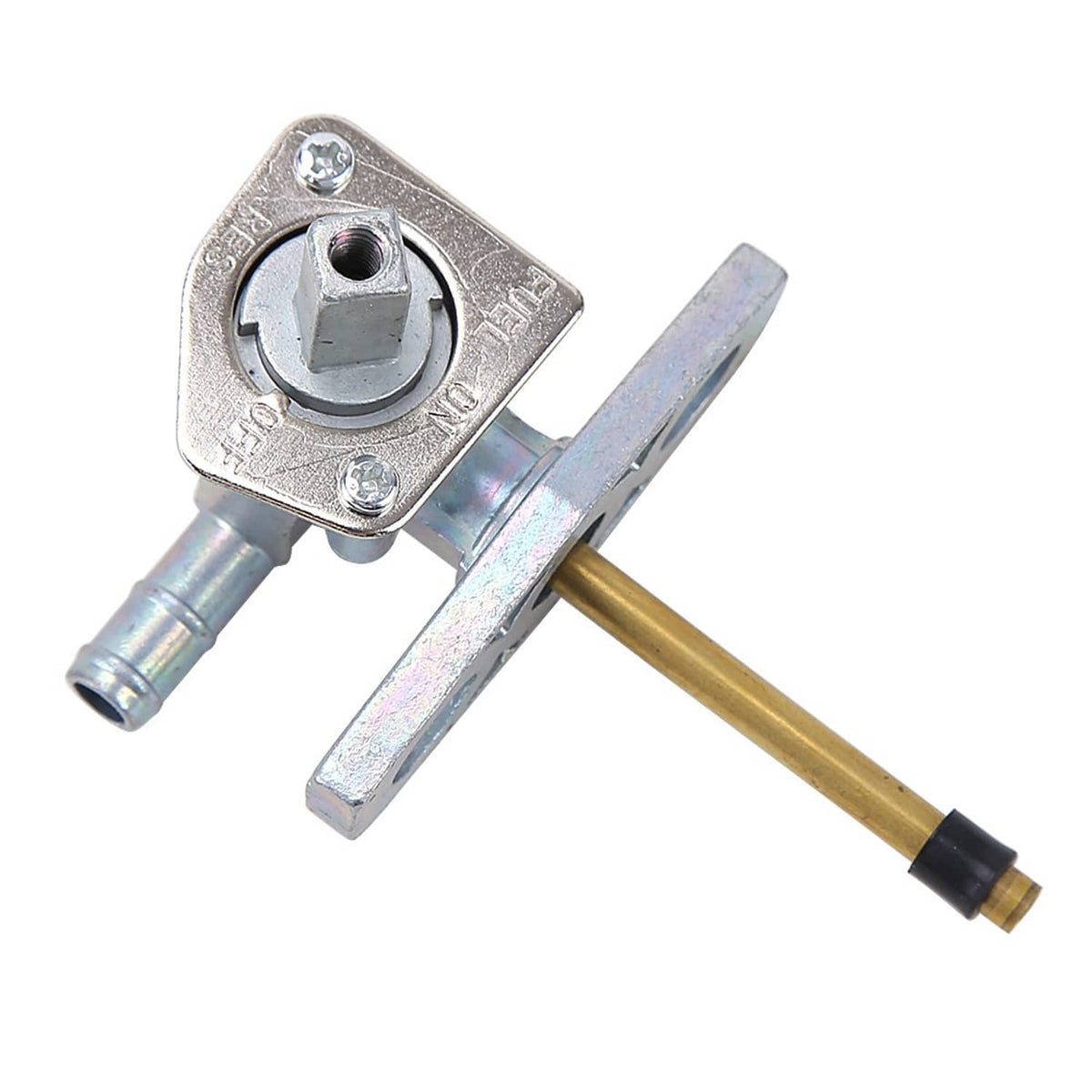 Fuel petcock valve with lever, metal fittings, and fuel line with black end