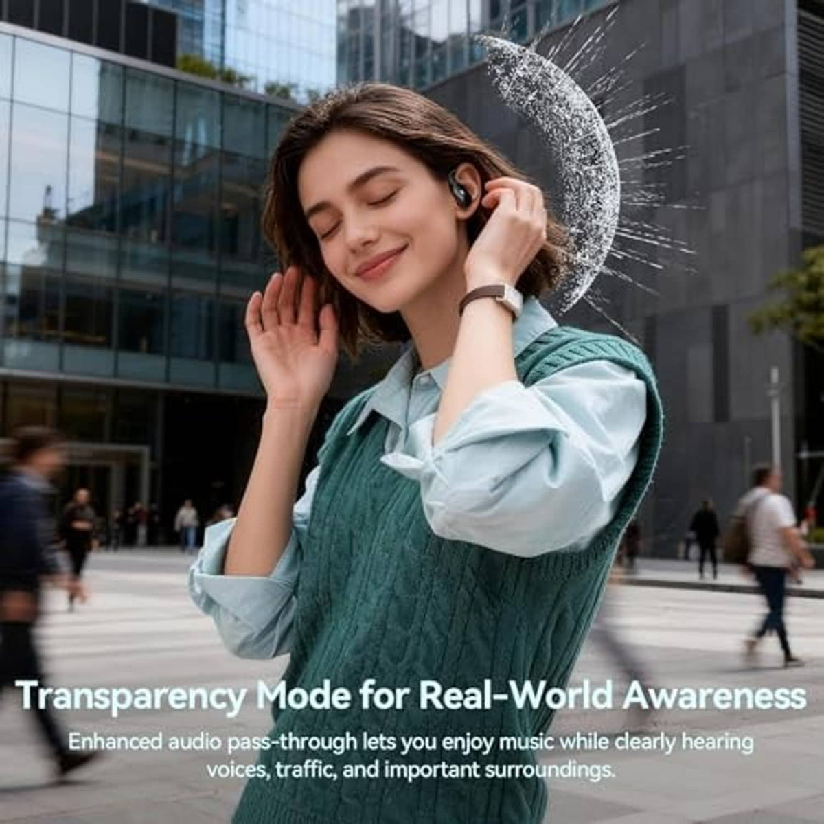 Wireless in-ear earbuds in a person’s ear, black earbud with protective mesh