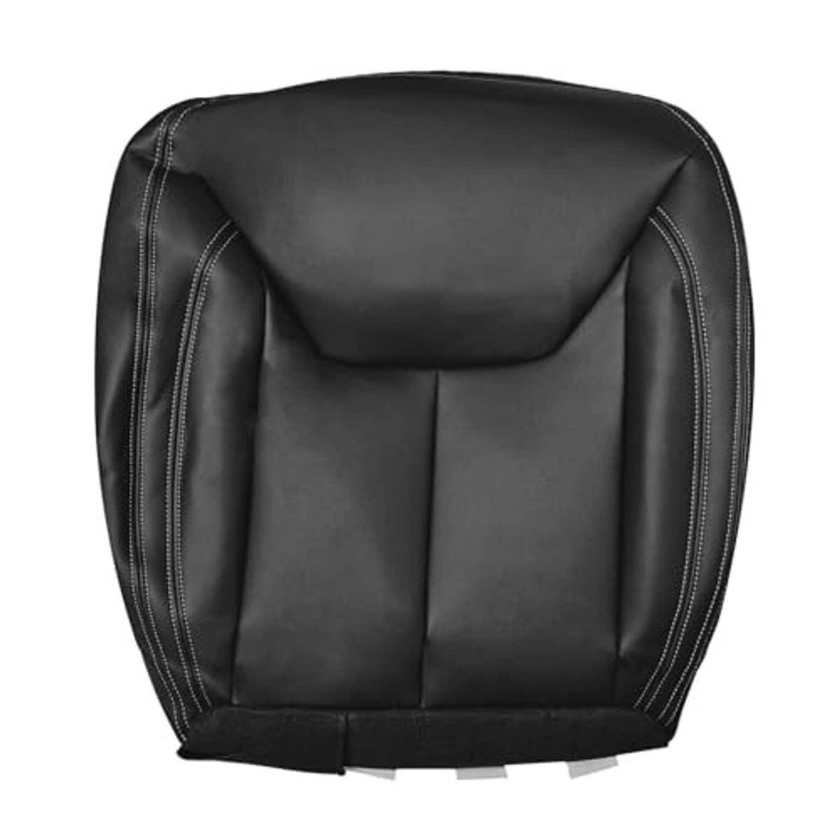 Black leather front driver seat cover, contoured backrest with contrast double stitching