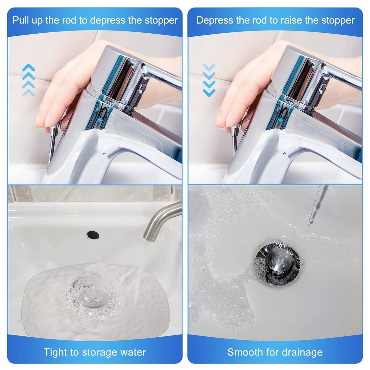 Bathroom sink pop-up stopper and pull rod, shown pressed down for drainage