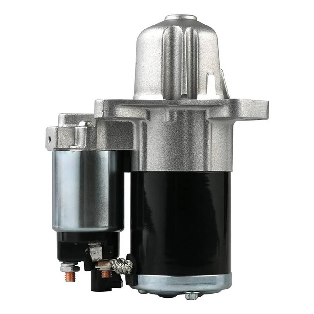 Starter motor with silver metal casing and black cylindrical section, front angle view.