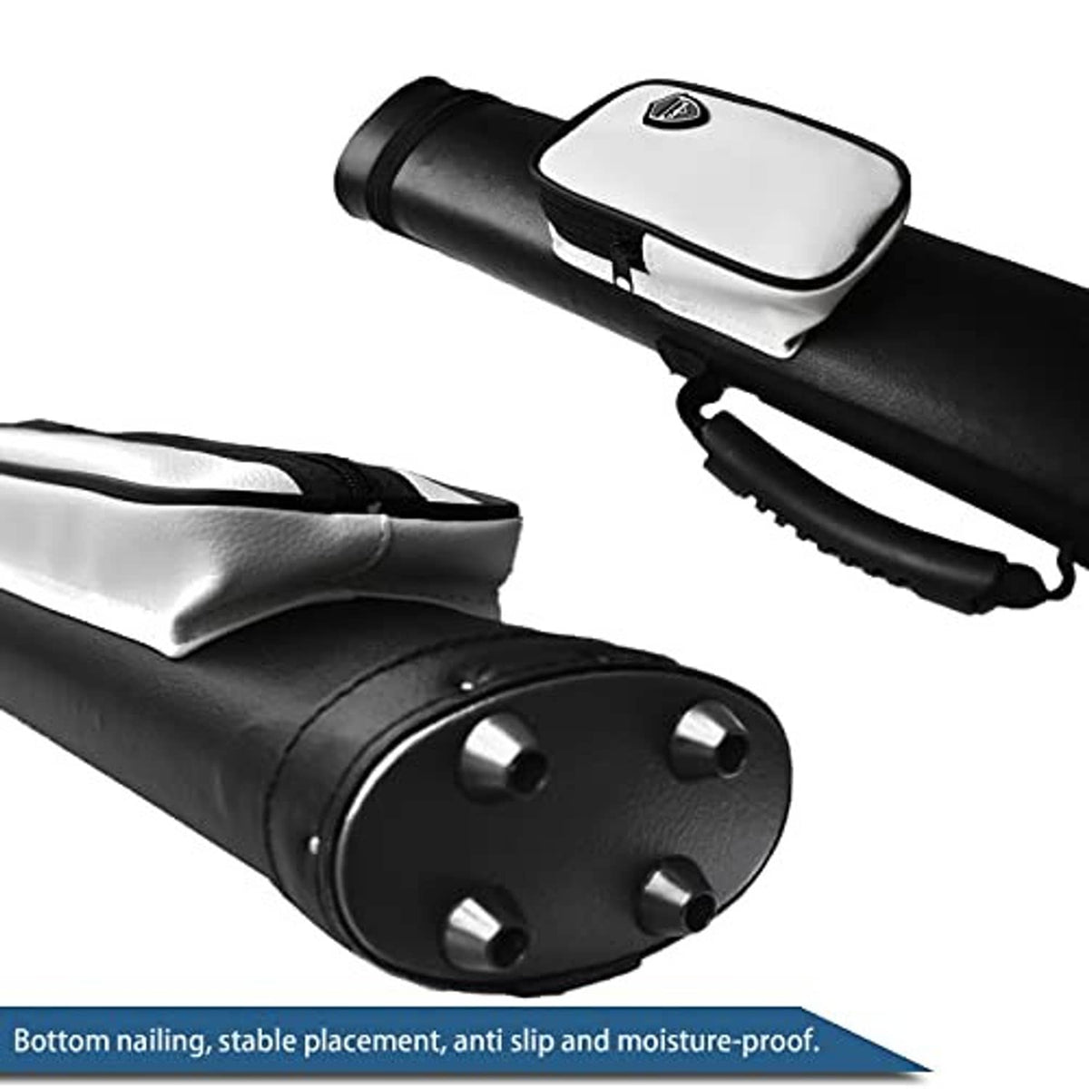 Hard pool cue case close-up, black with white top flap and multi-hole end cap