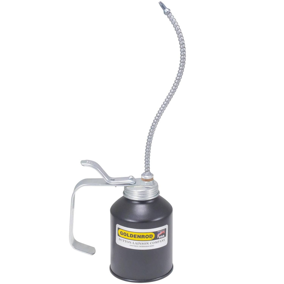 Black industrial pump oiler with flex spout and silver handle, 12 oz capacity