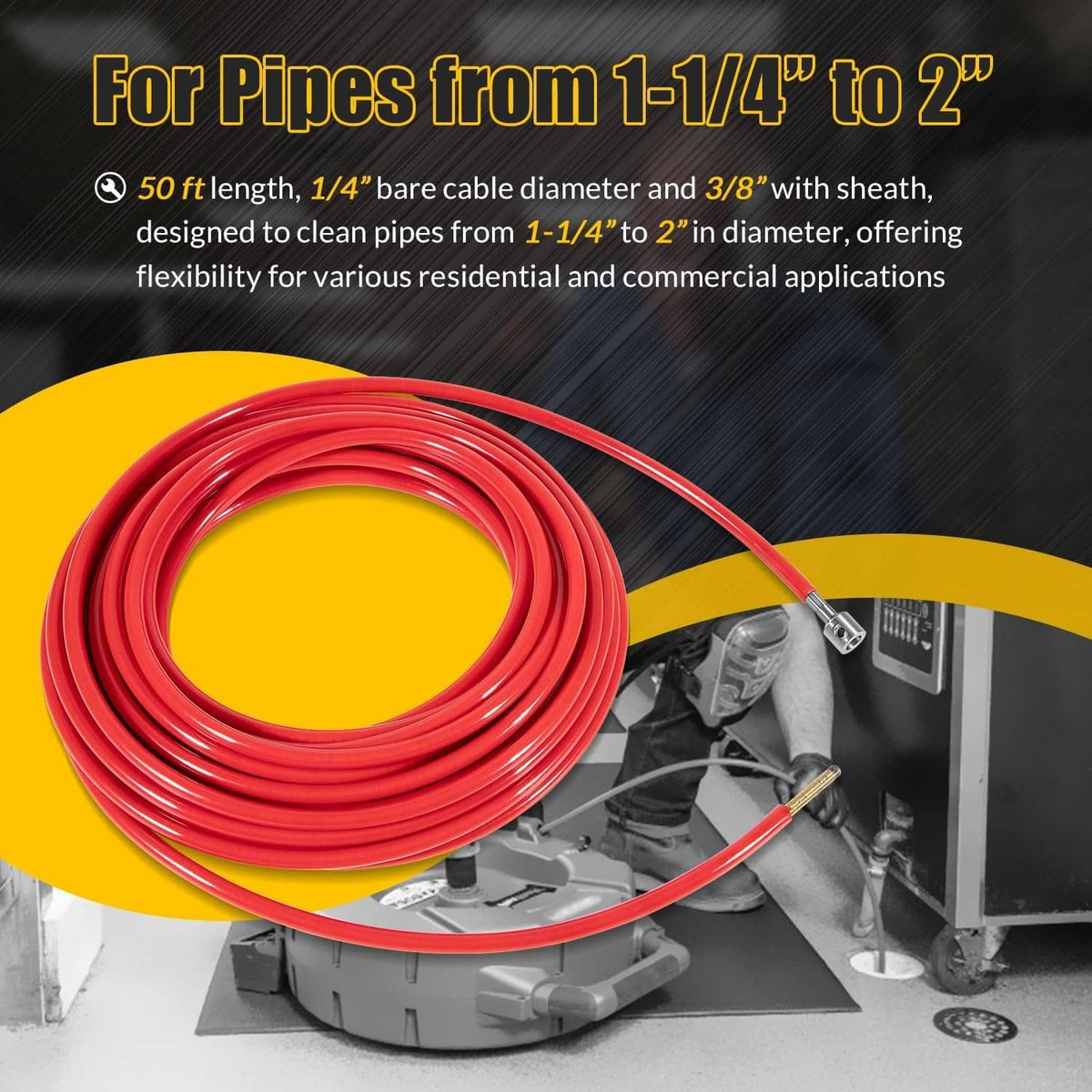 Red coiled drain cleaning cable assembly with metal connector ends