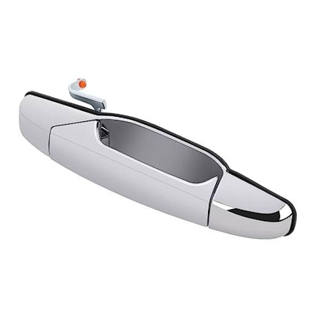 Chrome exterior door handle with black interior opening and integrated latch