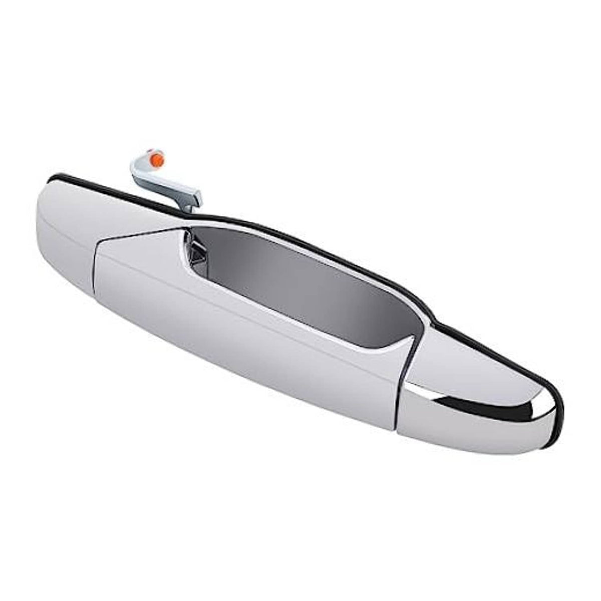 Chrome exterior door handle with black interior opening and integrated latch