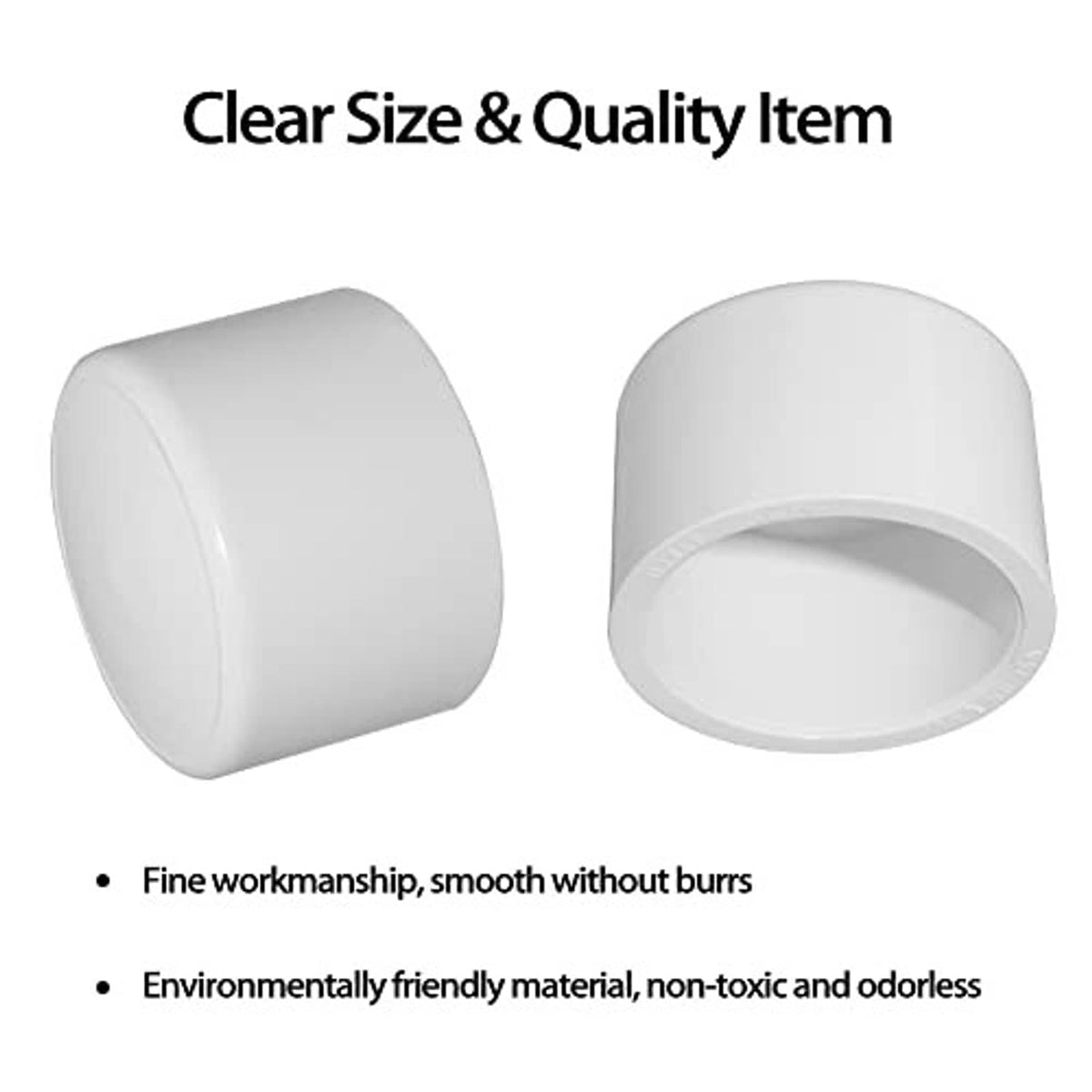 White PVC pipe end cap fitting with open socket end, smooth cylindrical form