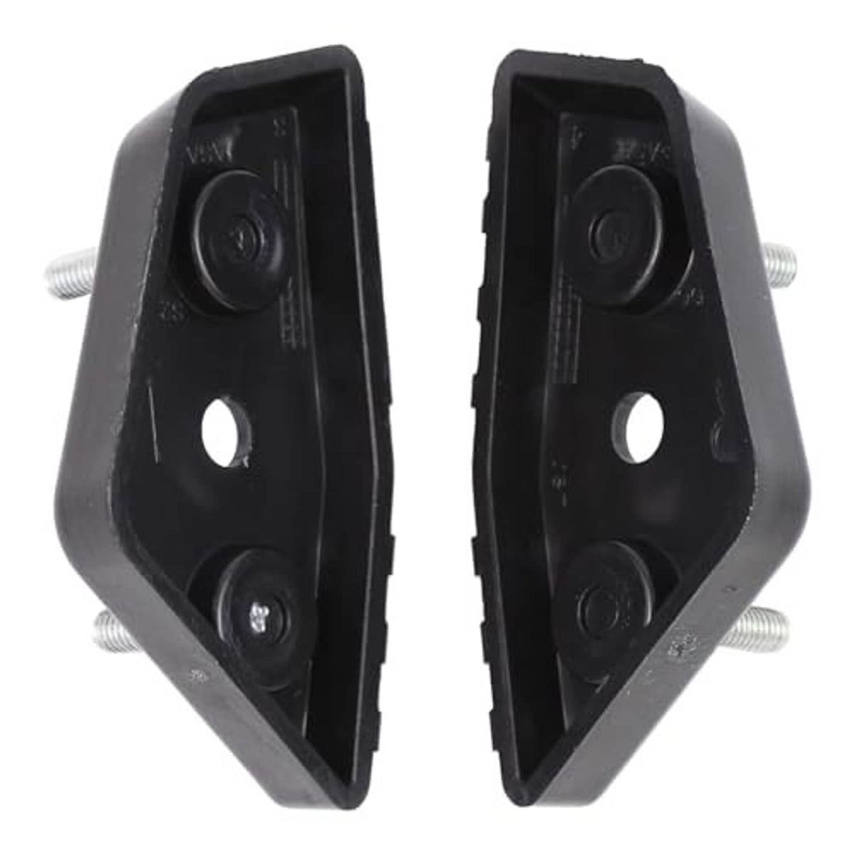 Front bumper support brackets, black plastic pair with round rubber caps and side studs