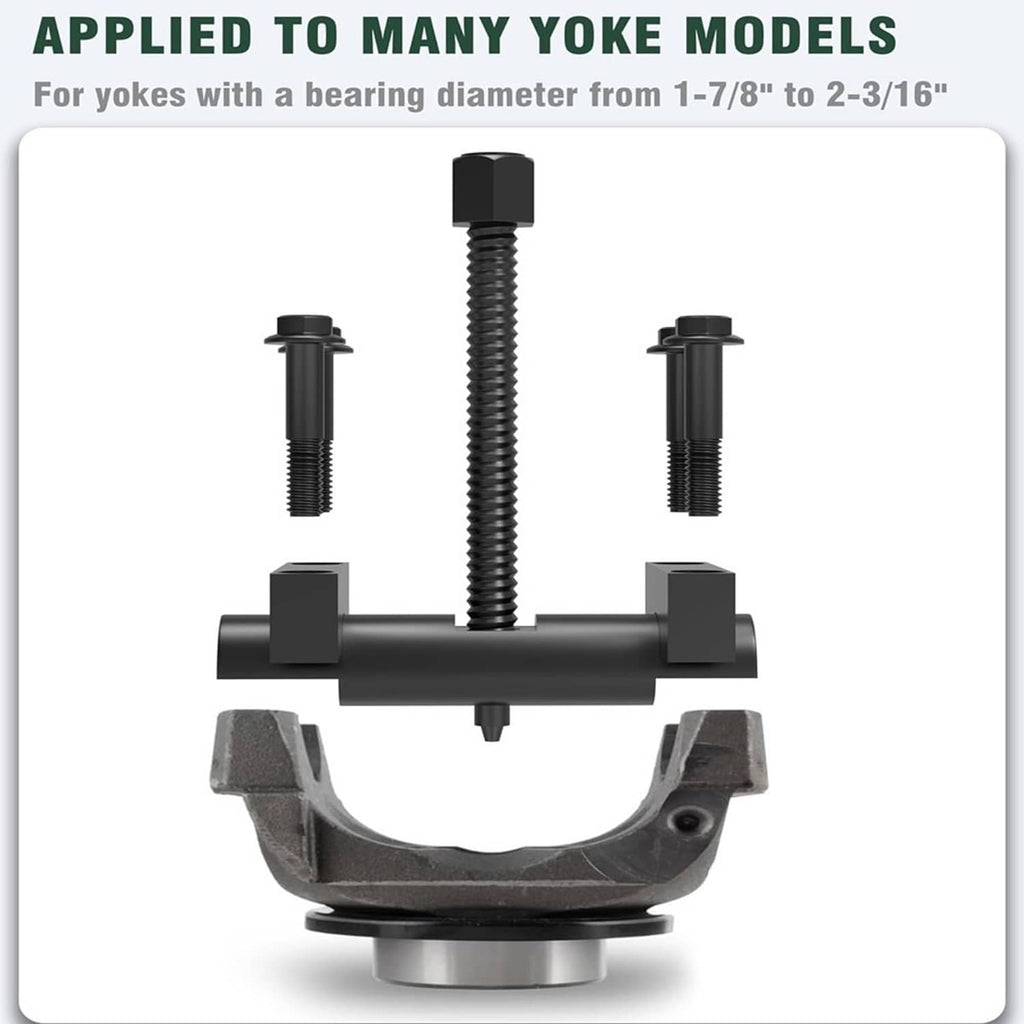Yoke puller tool with U-shaped jaw and center screw for bearing removal