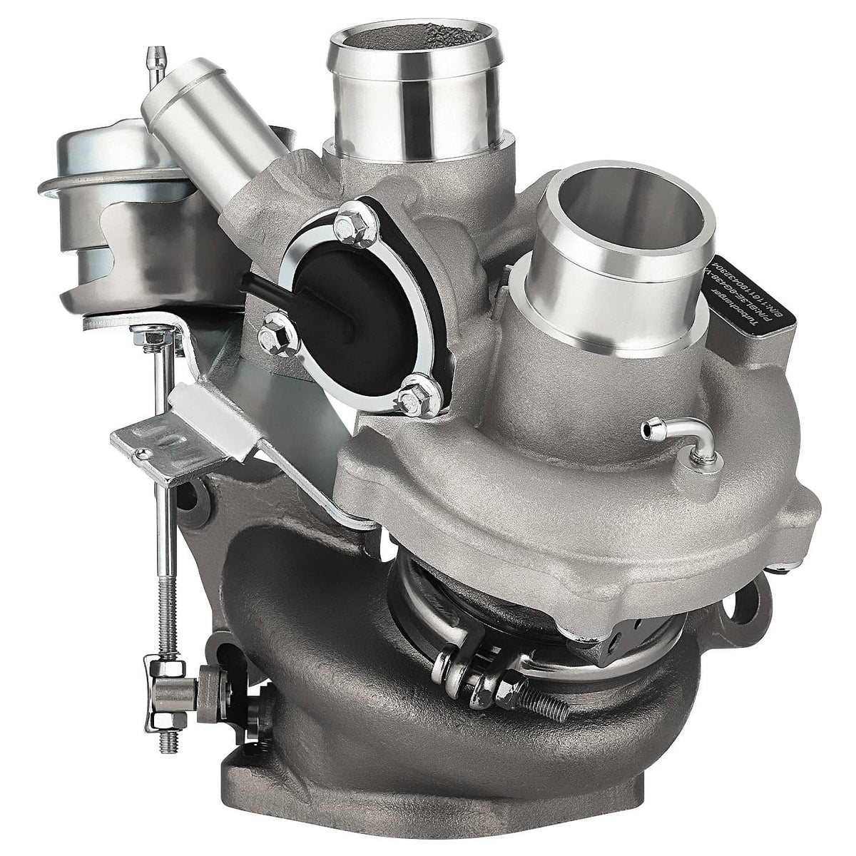 Silver turbocharger unit with black compressor housing and metal inlet pipes