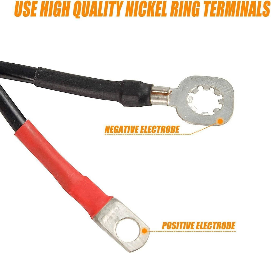 Nickel ring terminal wire leads with labeled positive and negative electrodes