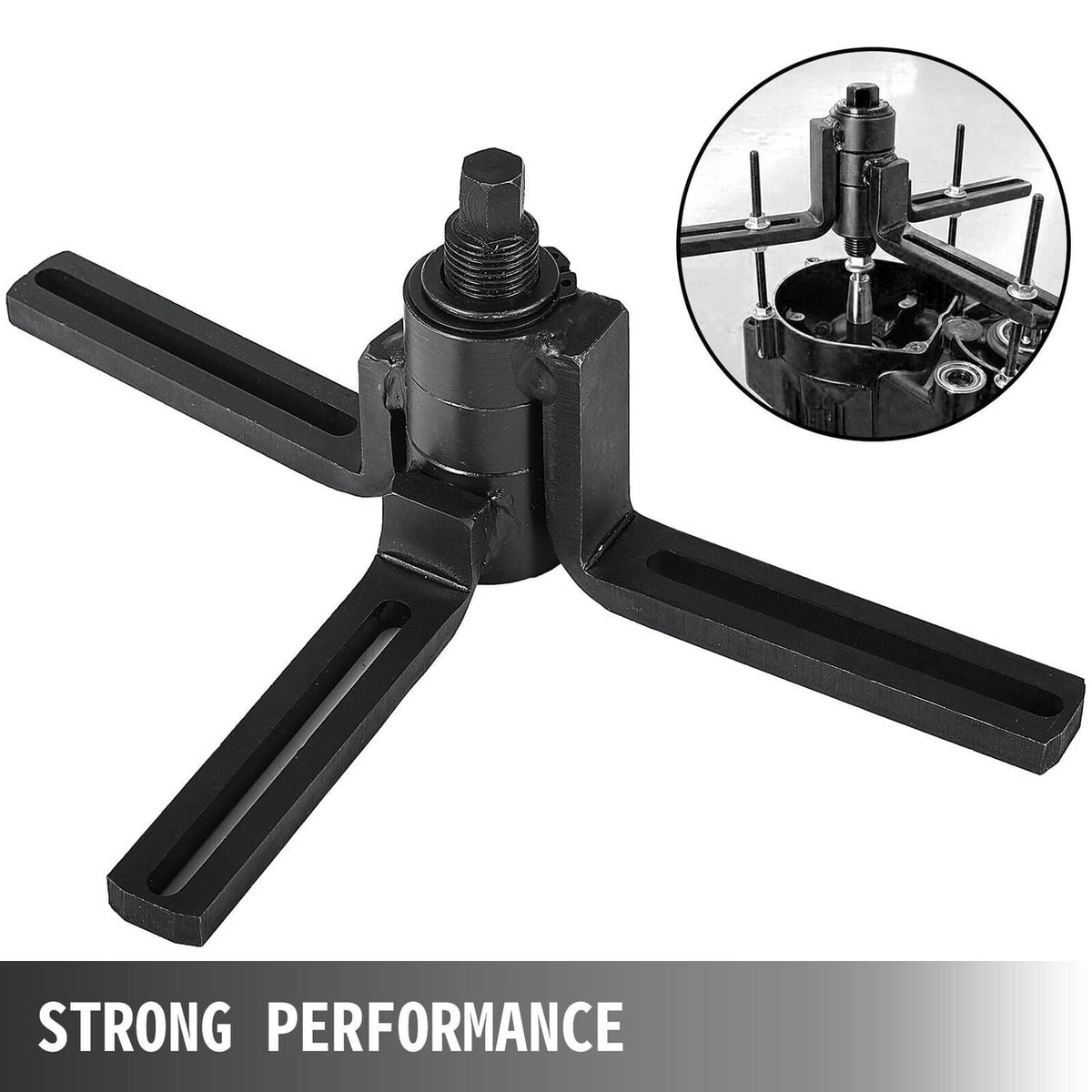 Crankcase splitter tool with long handle arm and central screw press